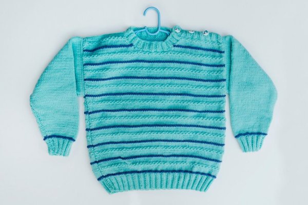 Turquoise jumper with purple striping contrast