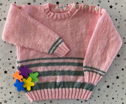 Pink jumper with sage stripes as contrast for ages 3-4 years